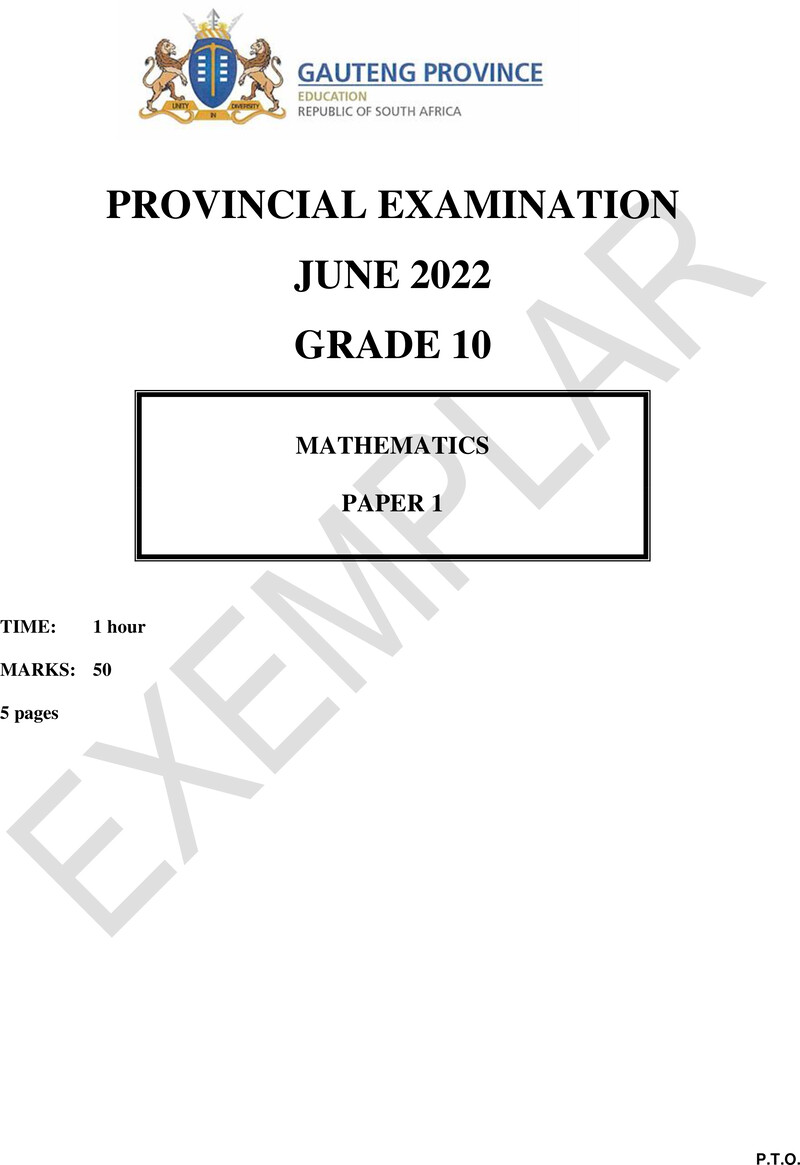 Grade 10 Provincial Exam Mathematics P1 Ng June 2022 QP
