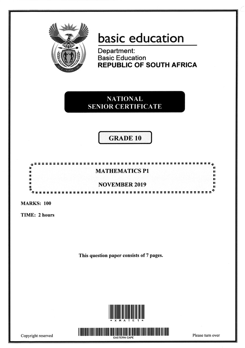 Grade 10 Provincial Exam Mathematics P1 Ng November 2019 QP