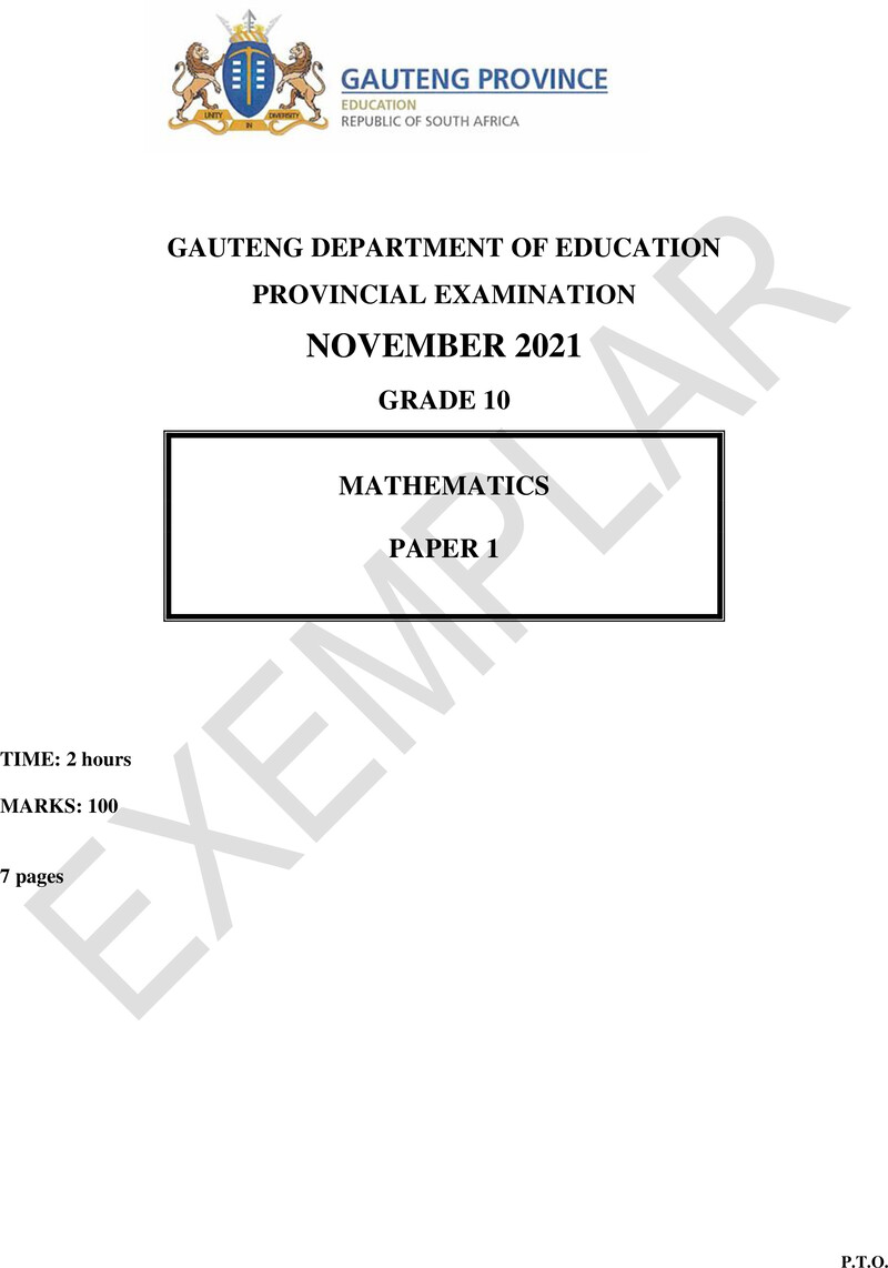 Grade 10 Provincial Exam Mathematics P1 Ng November 2021 QP