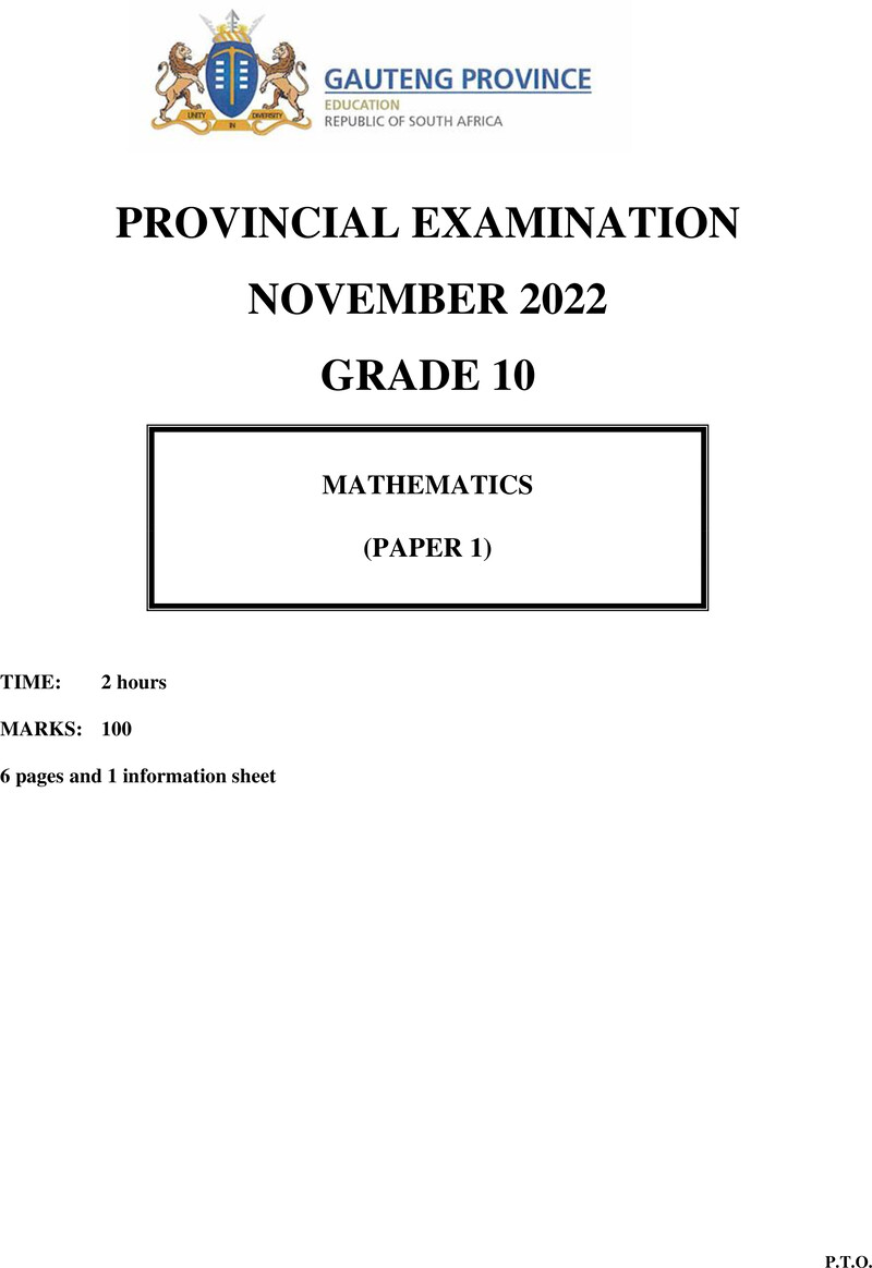 Grade 10 Provincial Exam Mathematics P1 Ng November 2022 QP