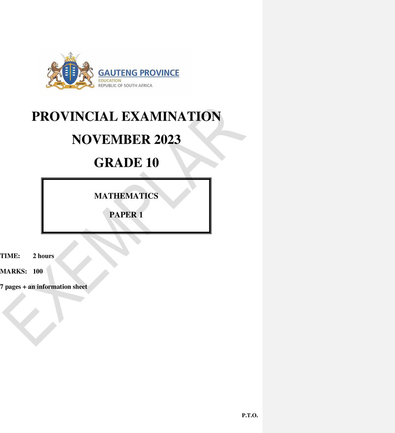 Grade 10 Provincial Exam Mathematics P1 Ng November 2023 QP