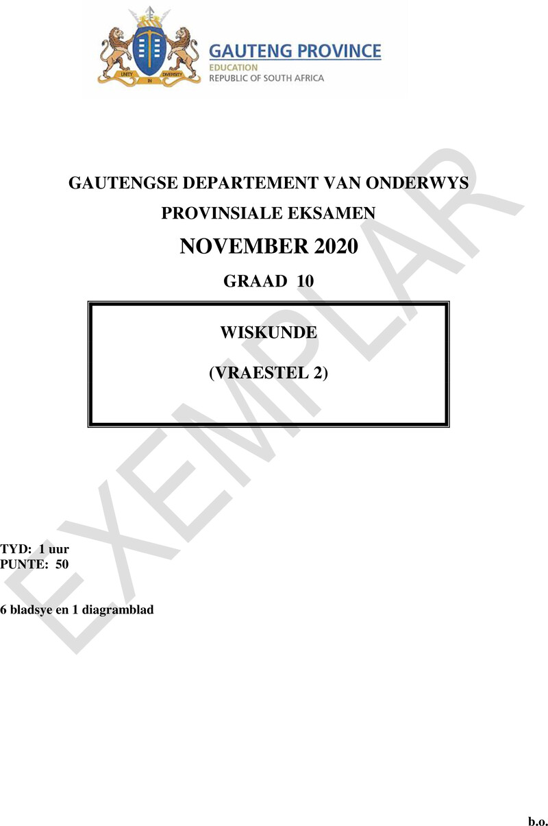 Grade 10 Provincial Exam Mathematics P2 Afr 2020 Exemplars QP