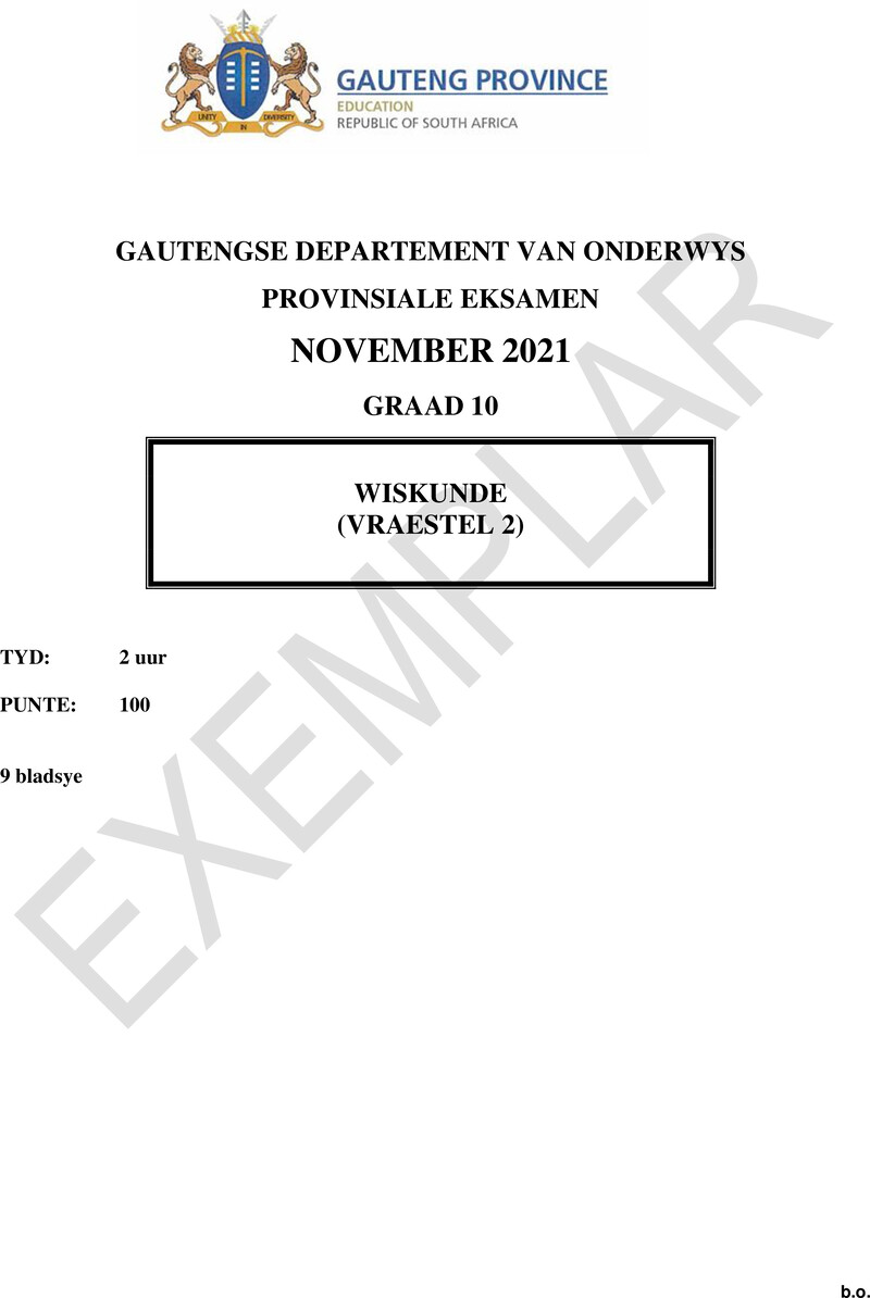 Grade 10 Provincial Exam Mathematics P2 Afr November 2021 QP