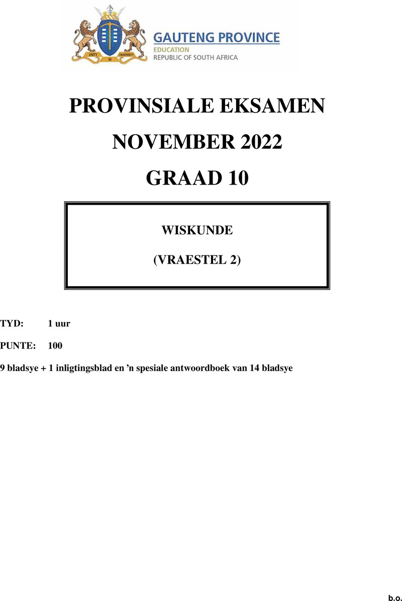 Grade 10 Provincial Exam Mathematics P2 Afr November 2022 QP