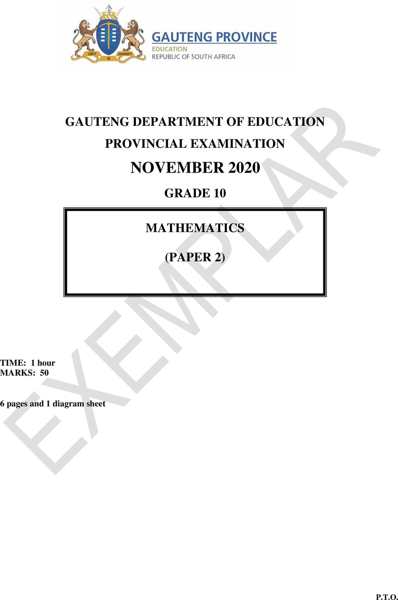 Grade 10 Provincial Exam Mathematics P2 Ng 2020 Exemplars QP