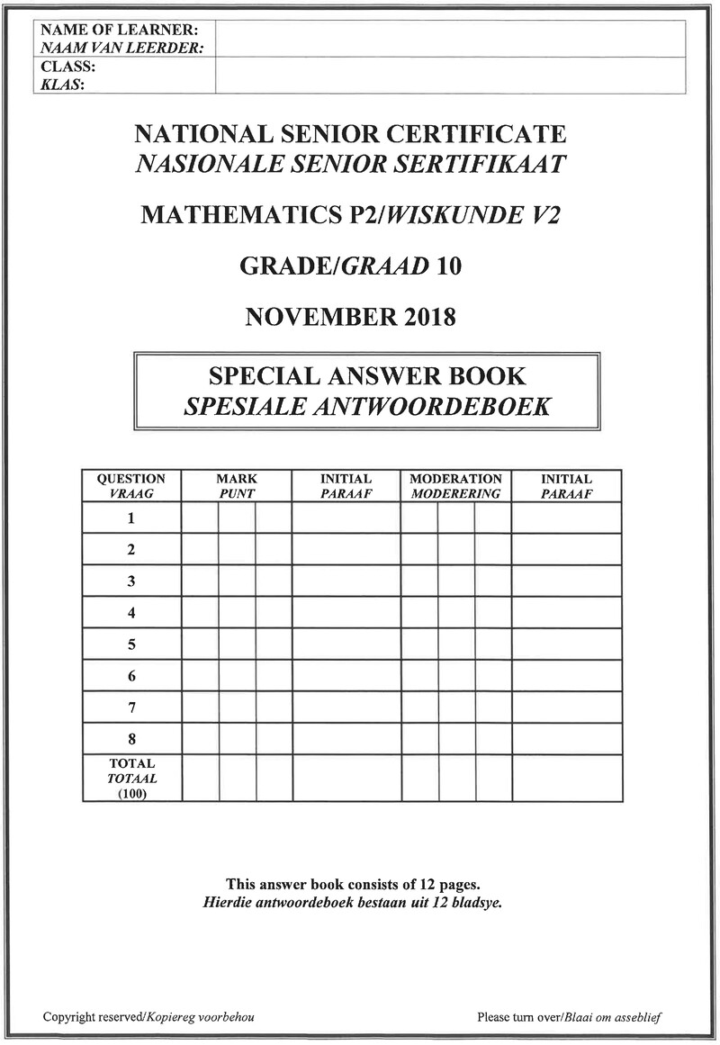 Grade 10 Provincial Exam Mathematics P2 Ng And Afr November 2018 Answer Book