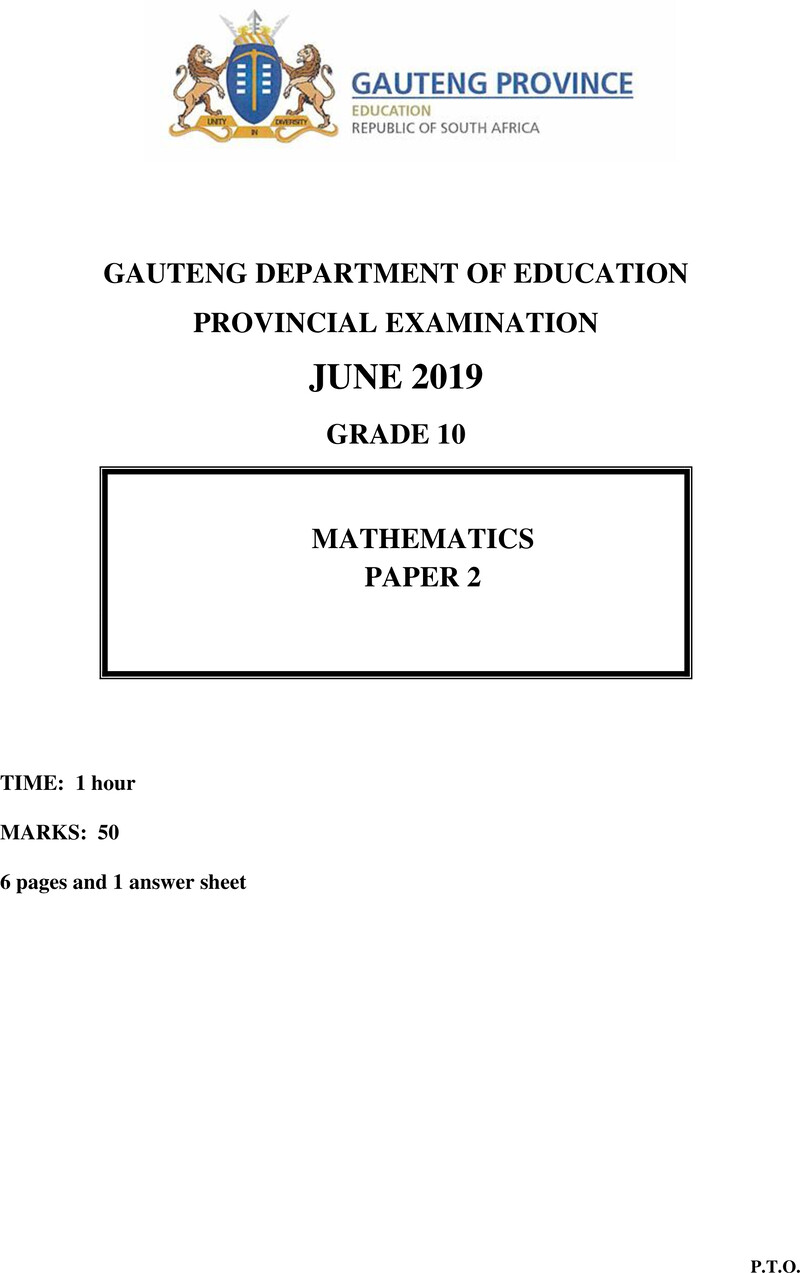 Grade 10 Provincial Exam Mathematics P2 Ng June 2019 QP