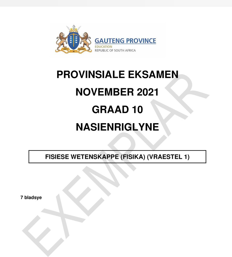 Grade 10 Provincial Exam Physical Sciences P1 Afr November 2021 QP