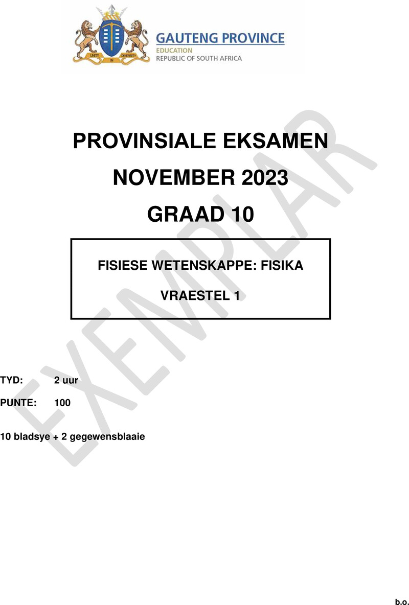 Grade 10 Provincial Exam Physical Sciences P1 Afr November 2023 QP