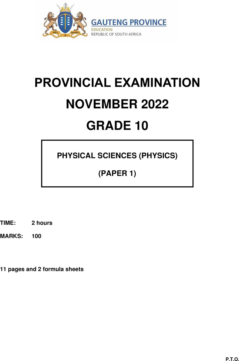 Grade 10 Provincial Exam Physical Sciences P1 Ng November 2022 QP