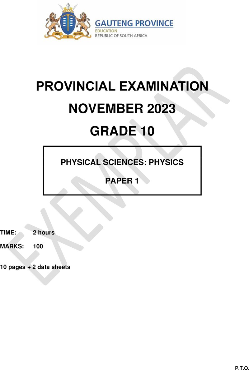 Grade 10 Provincial Exam Physical Sciences P1 Ng November 2023 QP