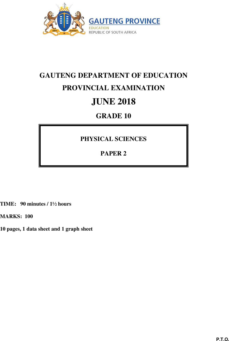 Grade 10 Provincial Exam Physical Sciences P2 Ng June 2018 QP