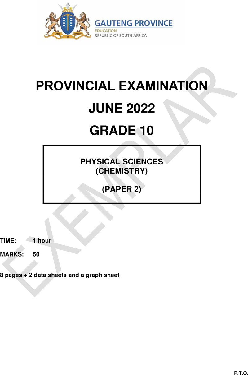 Grade 10 Provincial Exam Physical Sciences P2 Ng June 2022 QP