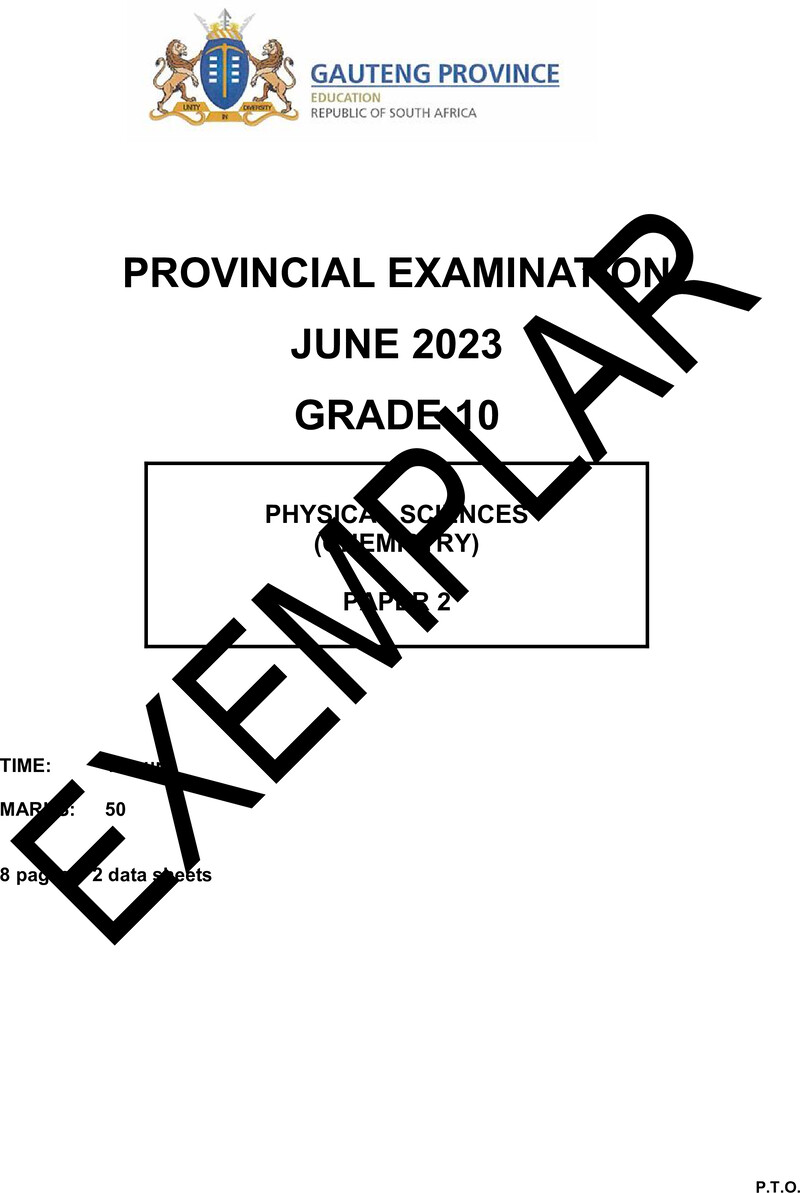 Grade 10 Provincial Exam Physical Sciences P2 Ng QP