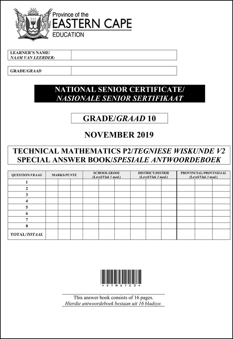 Grade 10 Provincial Exam Technical Maths P2 Ng And Afr November 2019 Answerbook