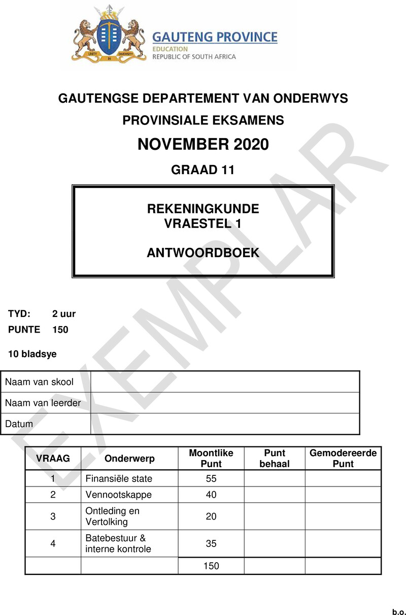 Grade 11 Provincial Exam Accounting P1 Afr 2020 Exemplars Answer Book