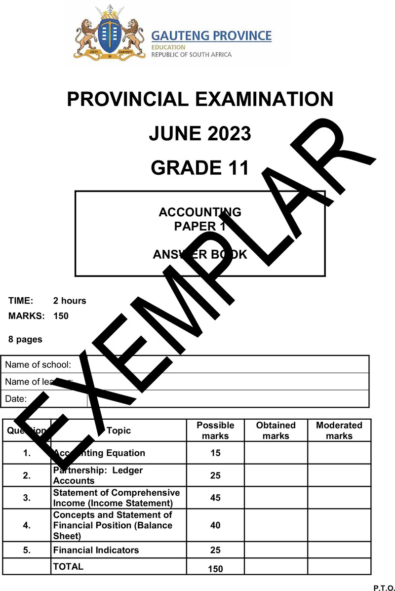 Grade 11 Provincial Exam Accounting P1 Ng June 2023 Answerbook