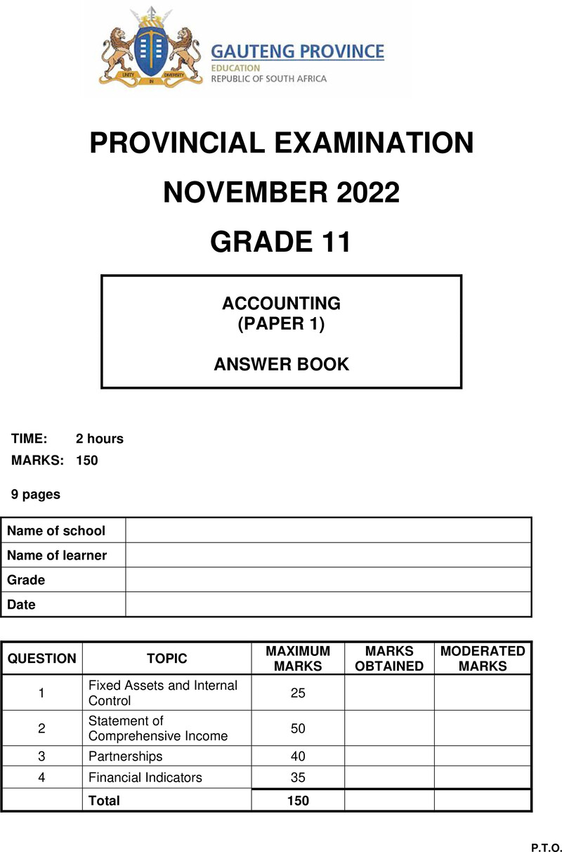 Grade 11 Provincial Exam Accounting P1 Ng November 2022 Answer Book