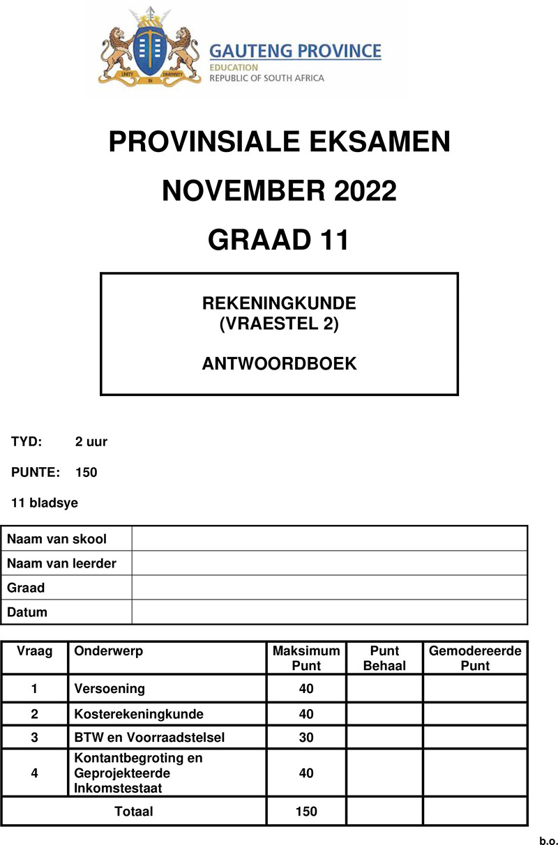 Grade 11 Provincial Exam Accounting P2 Afr November 2022 Answer Book