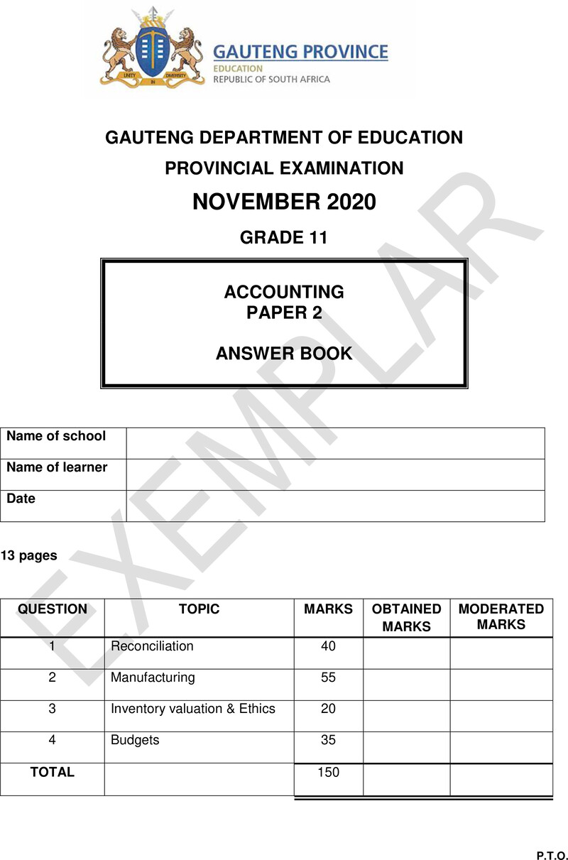 Grade 11 Provincial Exam Accounting P2 Ng 2020 Exemplars Answer Book