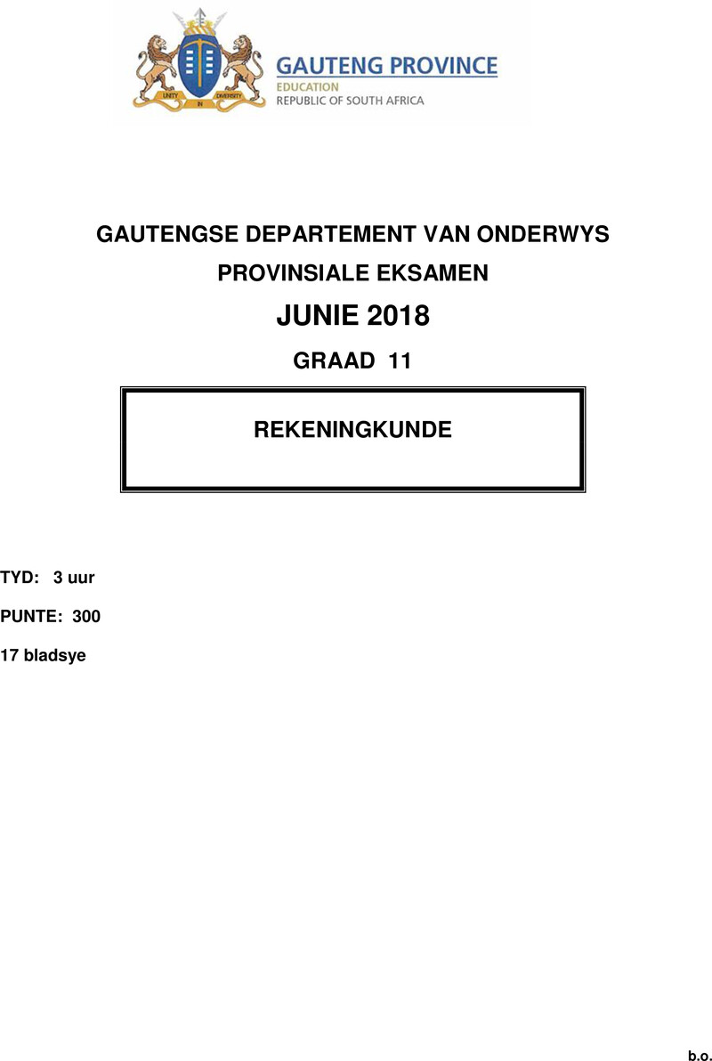 Grade 11 Provincial Exam Accounting Afr June 2018 QP