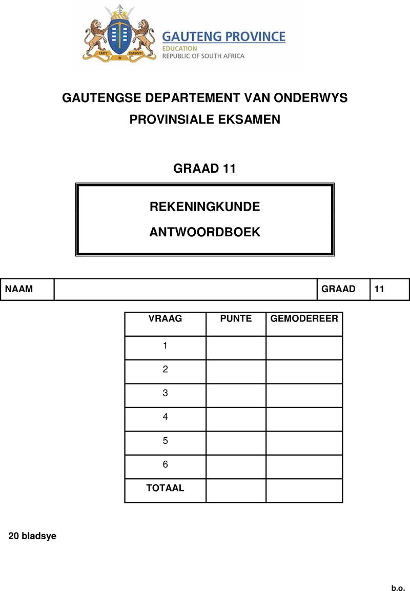 Grade 11 Provincial Exam Accounting Afr November 2017 QP Answer Book