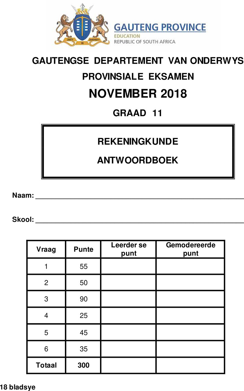 Grade 11 Provincial Exam Accounting Afr November 2018 QP Answer Book