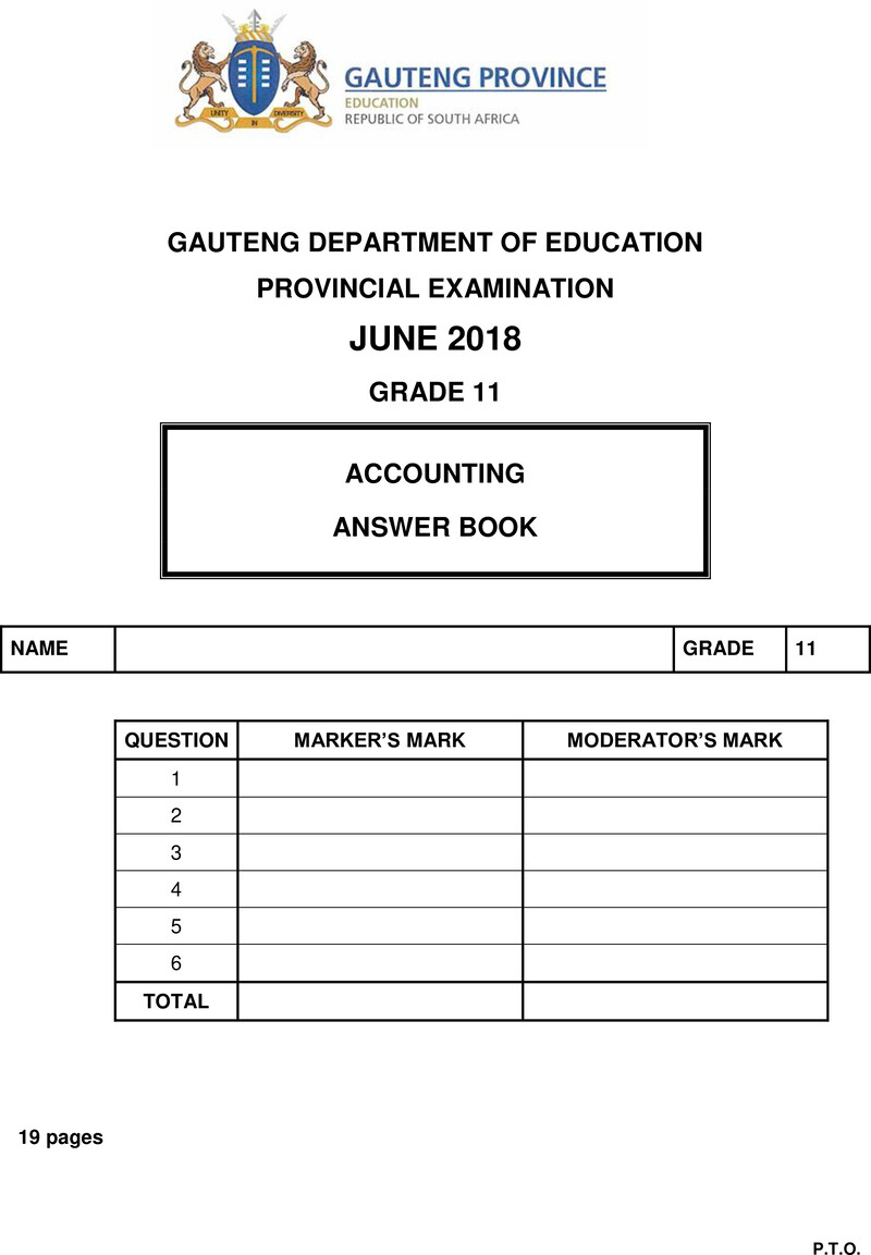 Grade 11 Provincial Exam Accounting June 2018 QP Answer Book
