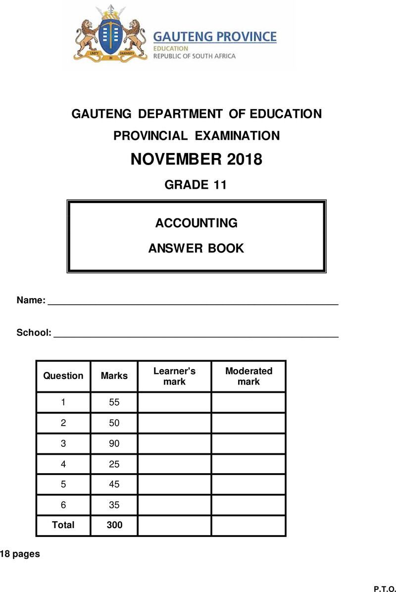 Grade 11 Provincial Exam Accounting November 2018 QP Answer Book