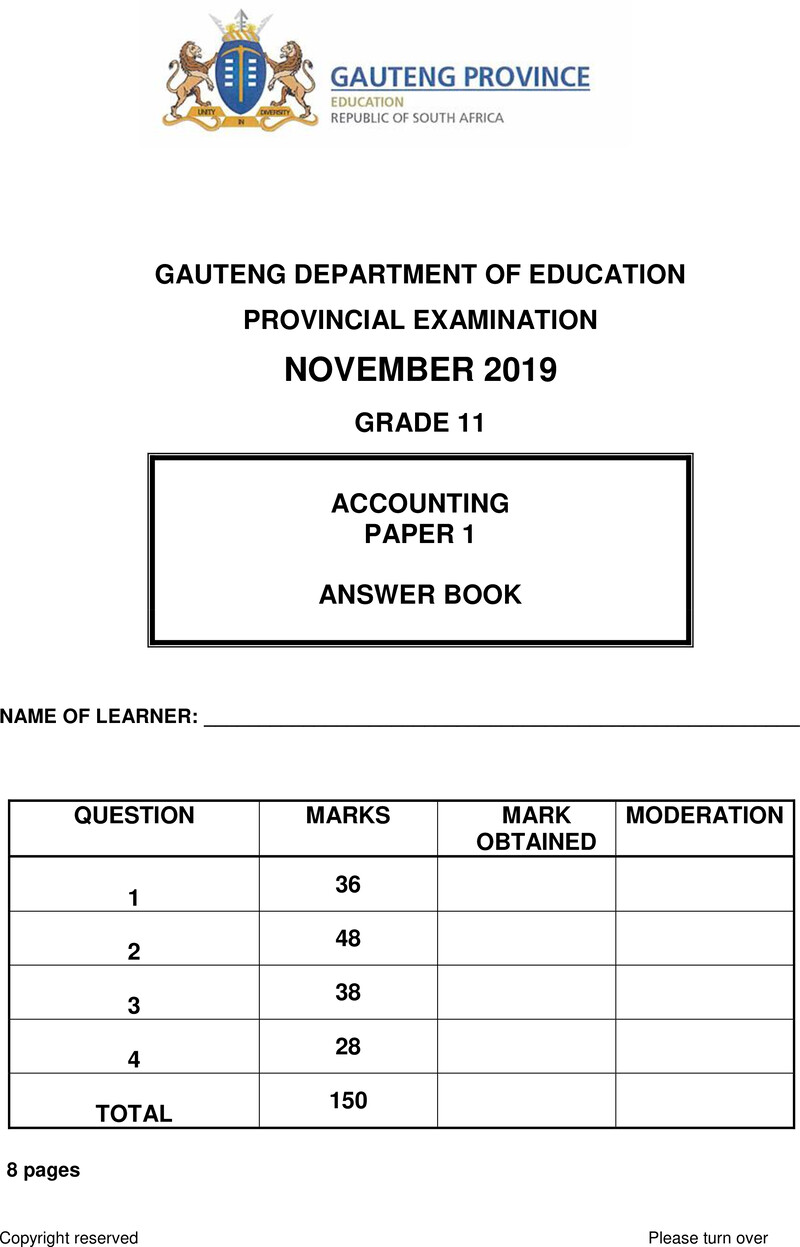 Grade 11 Provincial Exam Accounting P1 Ng November 2019 Answer Book