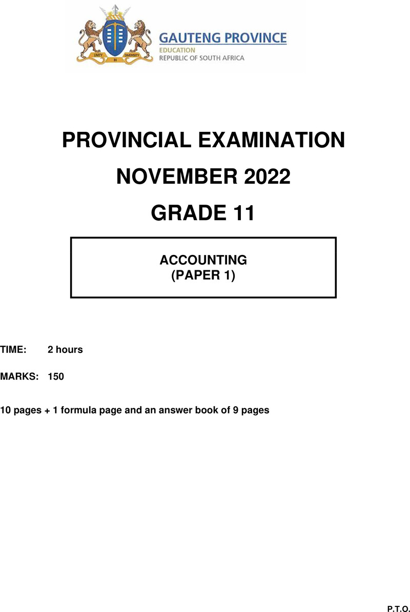 Grade 11 Provincial Exam Accounting P1 Ng November 2022 QP