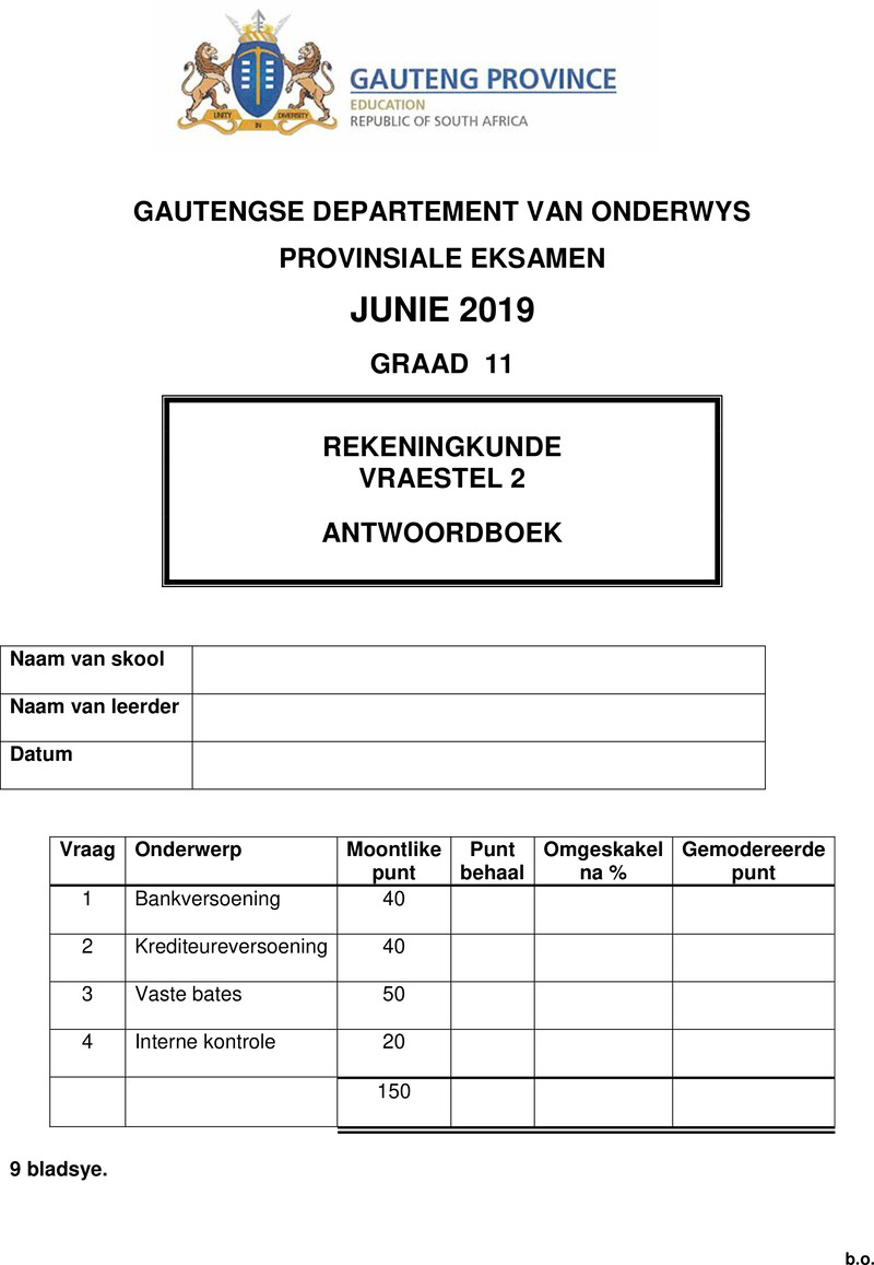 Grade 11 Accounting past paper 2019 – grade 11 provincial exam accounting p2 afr june 2019 answer book