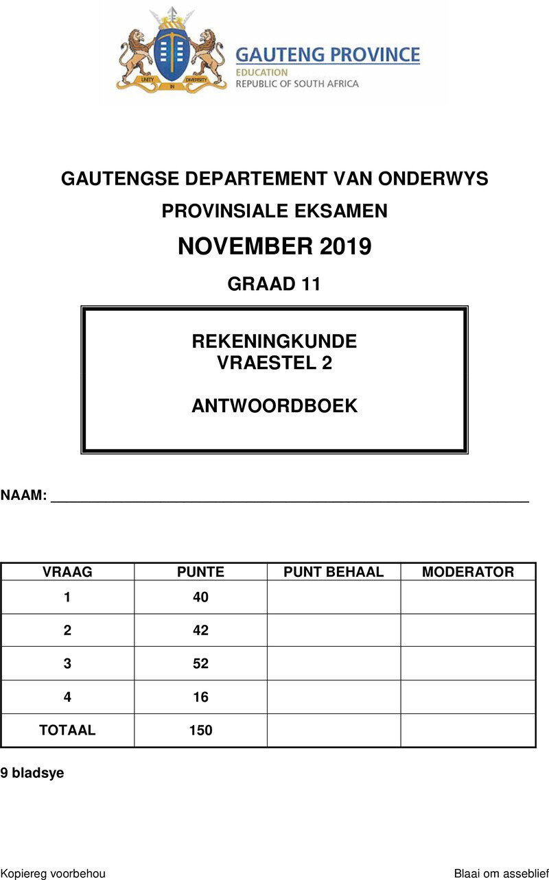 Grade 11 Accounting past paper 2019 – grade 11 provincial exam accounting p2 afr november 2019 answer book