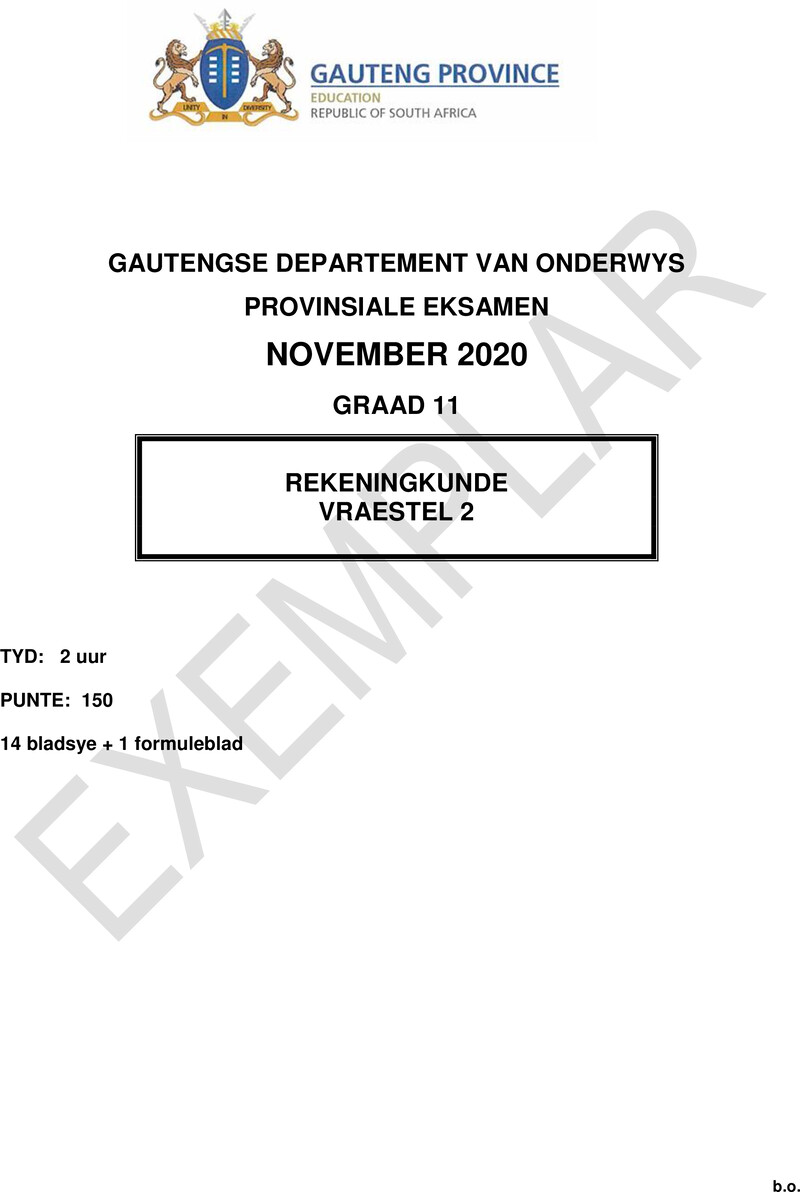 Grade 11 Provincial Exam Accounting P2 Afr 2020 Exemplars QP