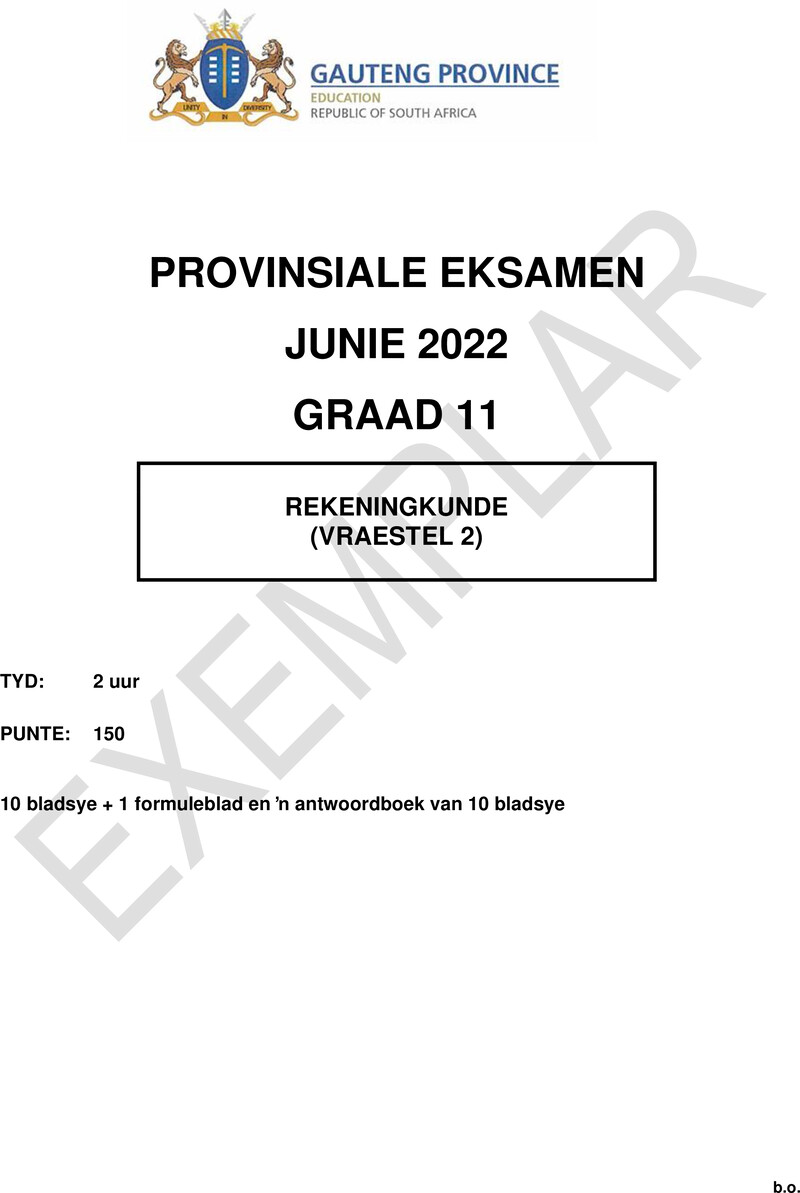 Grade 11 Provincial Exam Accounting P2 Afr June 2022 QP