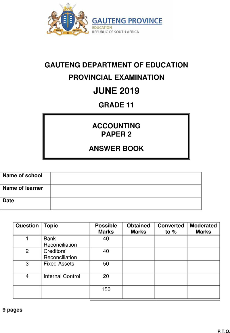 Grade 11 Accounting past paper 2019 – grade 11 provincial exam accounting p2 ng june 2019 answer book