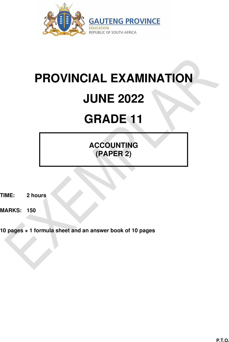Grade 11 Provincial Exam Accounting P2 Ng June 2022 QP