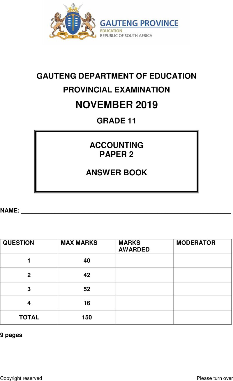 Grade 11 Accounting past paper 2019 – grade 11 provincial exam accounting p2 ng november 2019 answer book