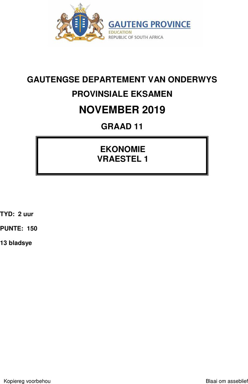 Grade 11 Economics past paper 2019 – grade 11 provincial exam economics p1 afr november 2019 qp