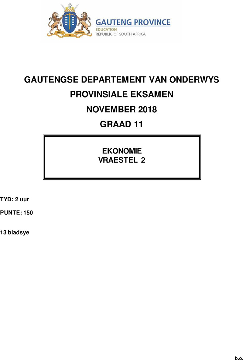 Grade 11 Provincial Exam Economics P2 Afr November 2018 QP
