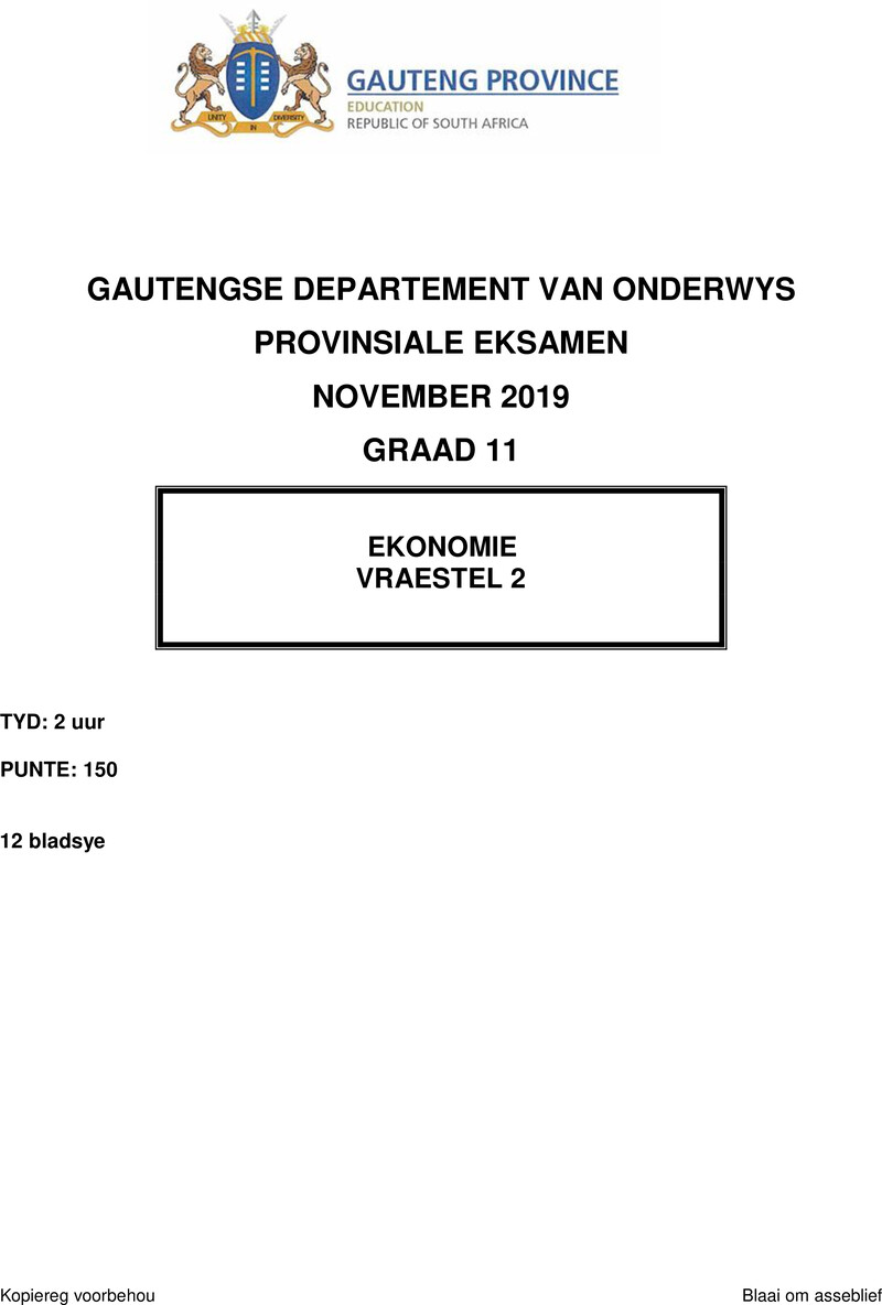 Grade 11 Provincial Exam Economics P2 Afr November 2019 QP