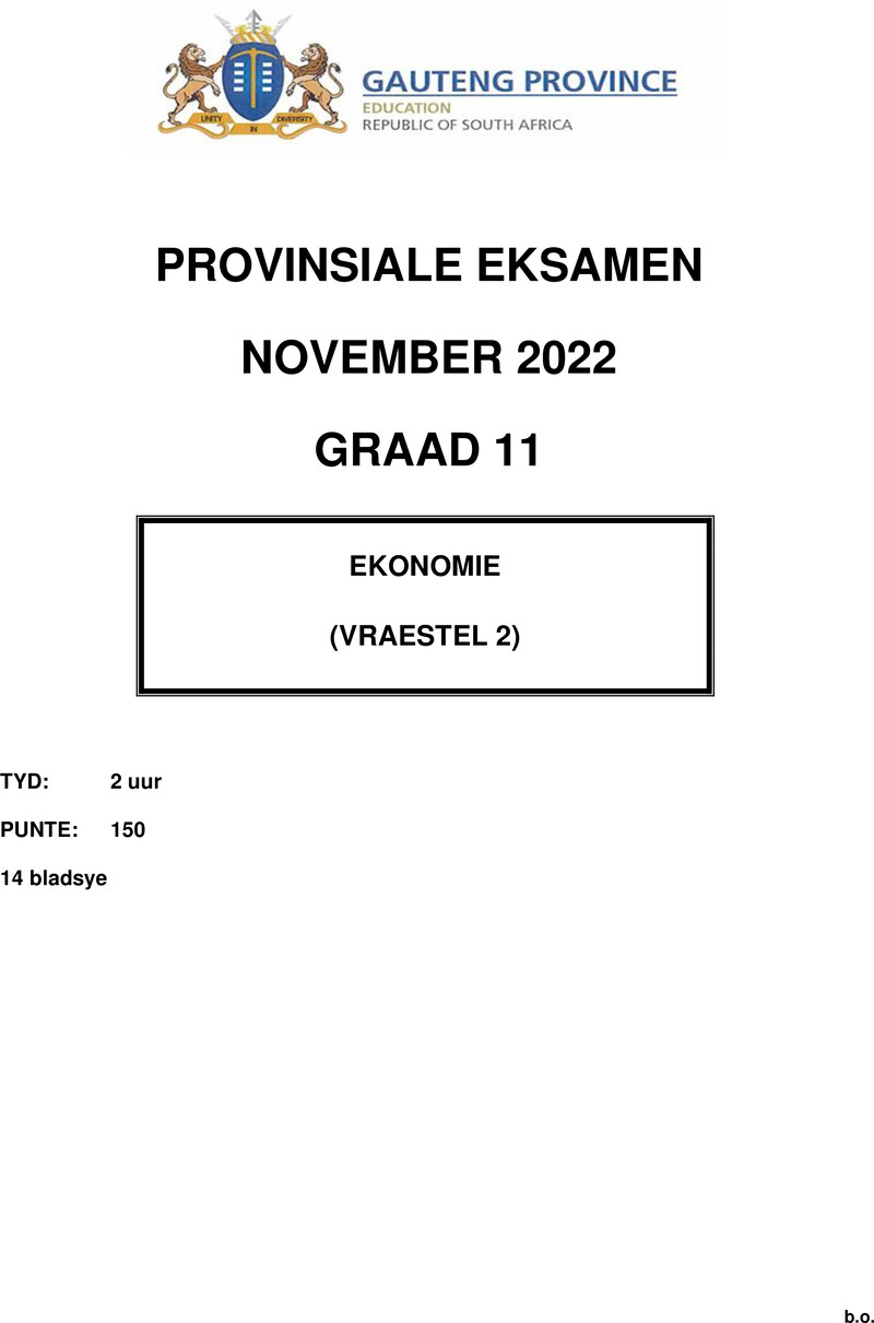 Grade 11 Provincial Exam Economics P2 Afr November 2022 QP