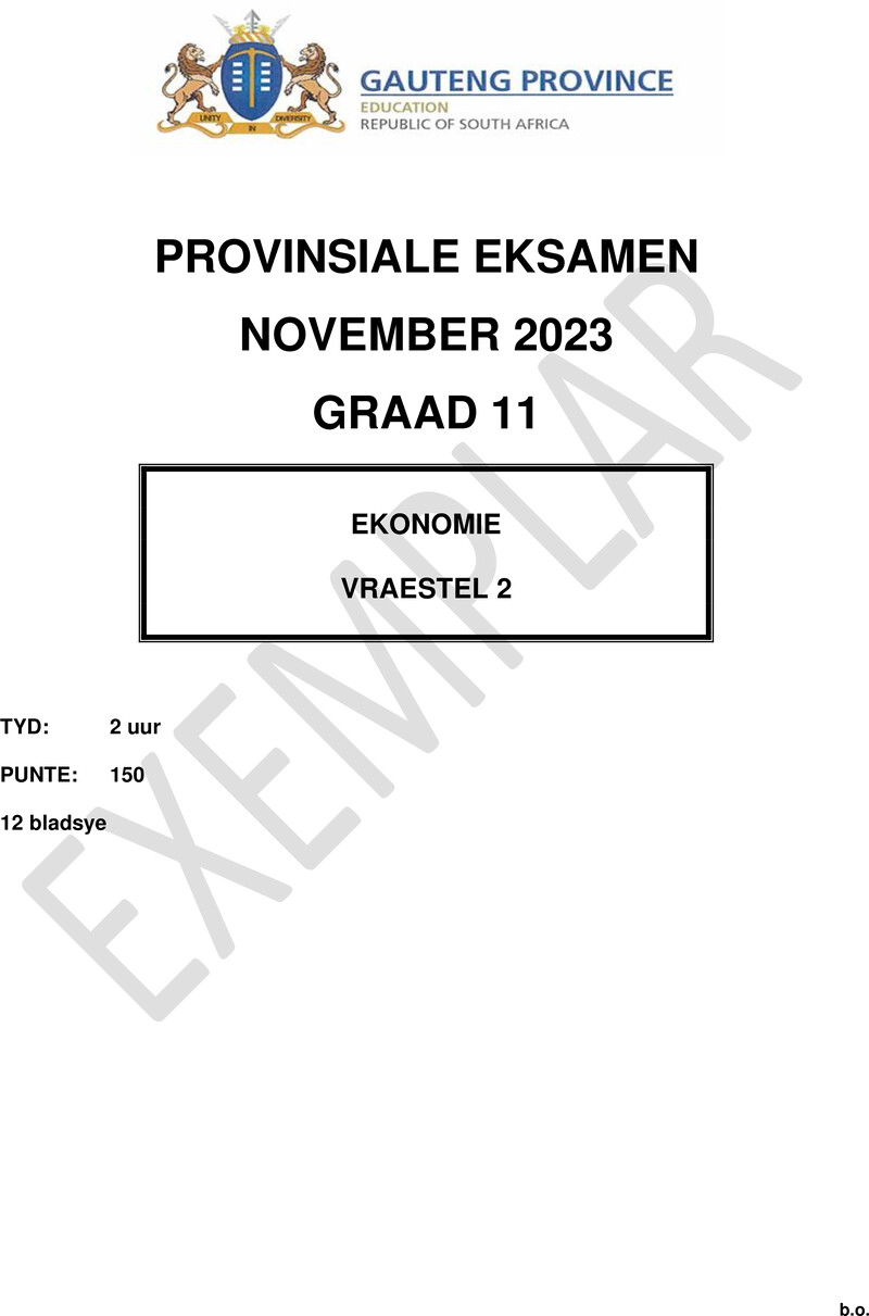Grade 11 Provincial Exam Economics P2 Afr November 2023 QP