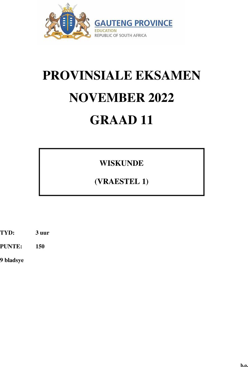 Grade 11 Provincial Exam Mathematics P1 Afr November 2022 QP