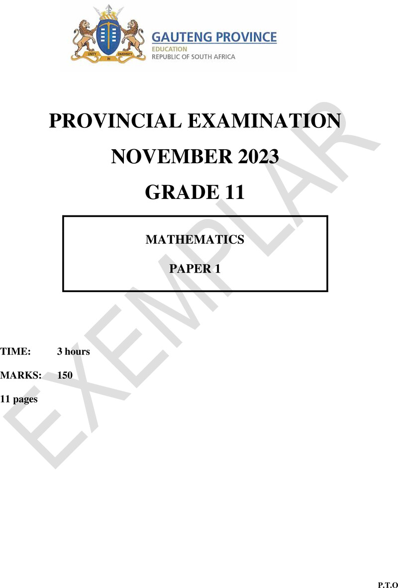 Grade 11 Provincial Exam Mathematics P1 Ng November 2023 QP