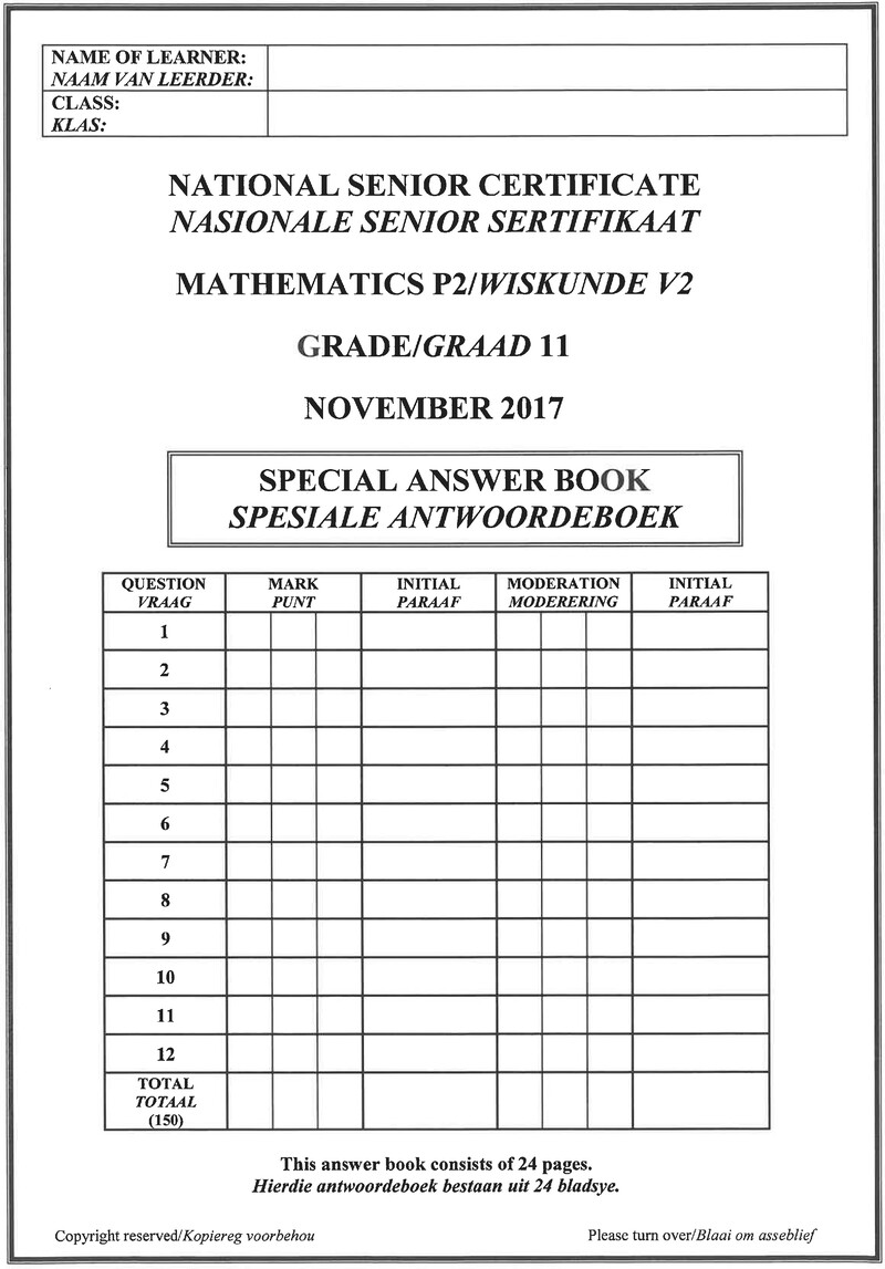 Grade 11 Provincial Exam Mathematics P2 Ng And Afr November 2017 Answer Book