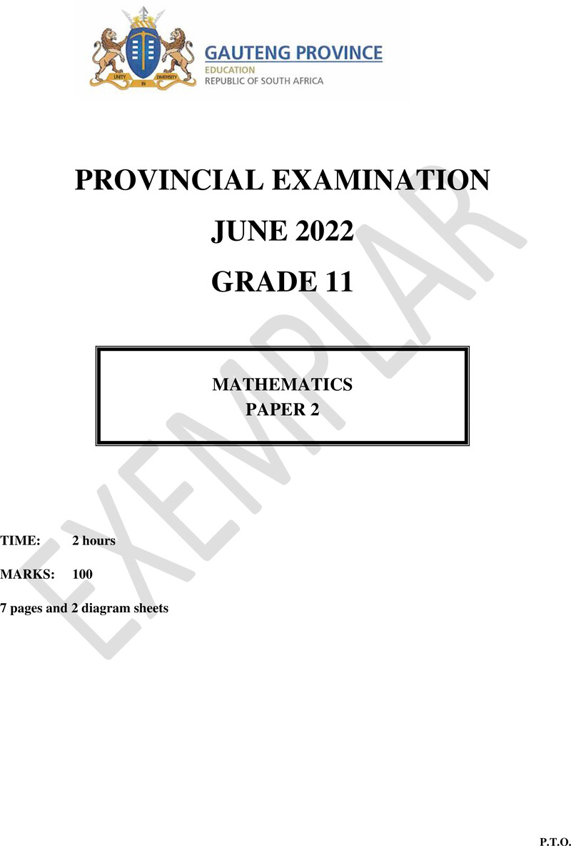 Grade 11 Provincial Exam Mathematics P2 Ng June 2022 QP
