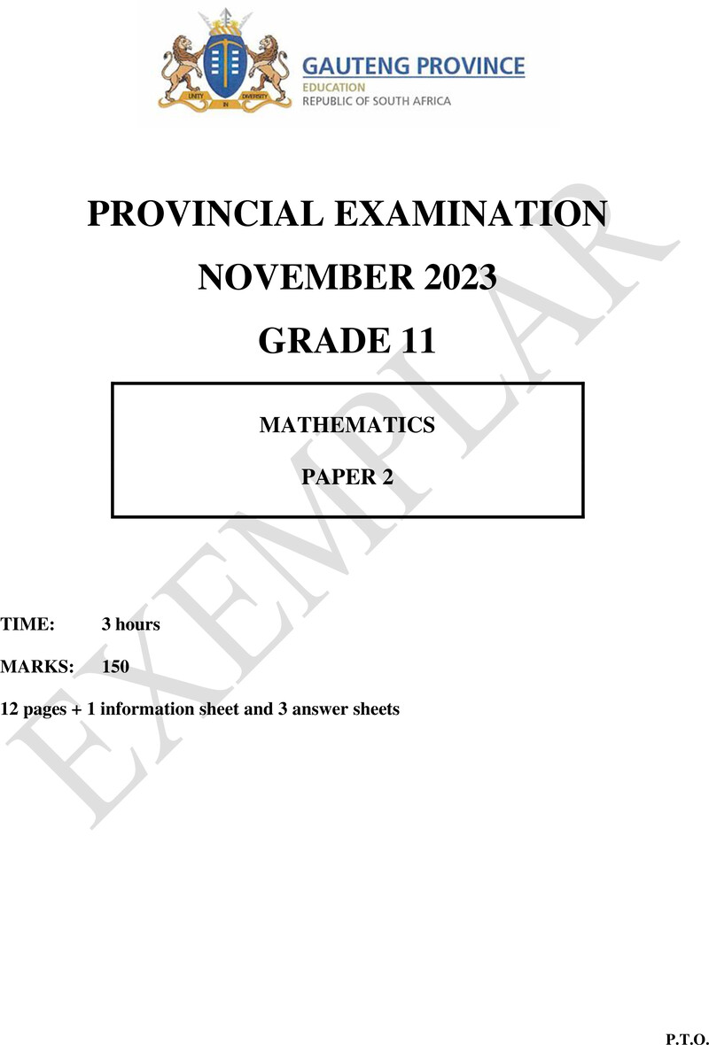 Grade 11 Mathematics past paper 2023 – grade 11 provincial exam mathematics p2 ng november 2023 qp