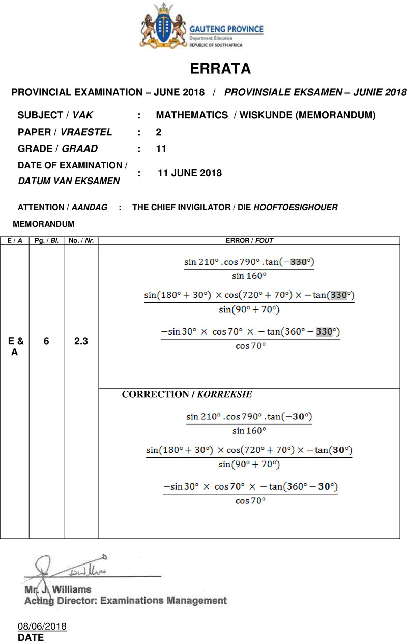 Grade 11 Wiskunde past paper 2018 – grade 11 provincial exam mathemetics p2 afr june 2018 qp errata