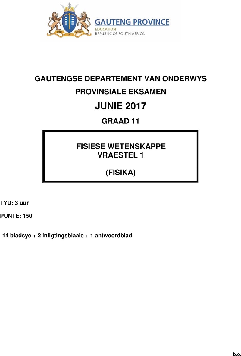 Grade 11 Provincial Exam Physical Sciences P1 Afr June 2017 QP